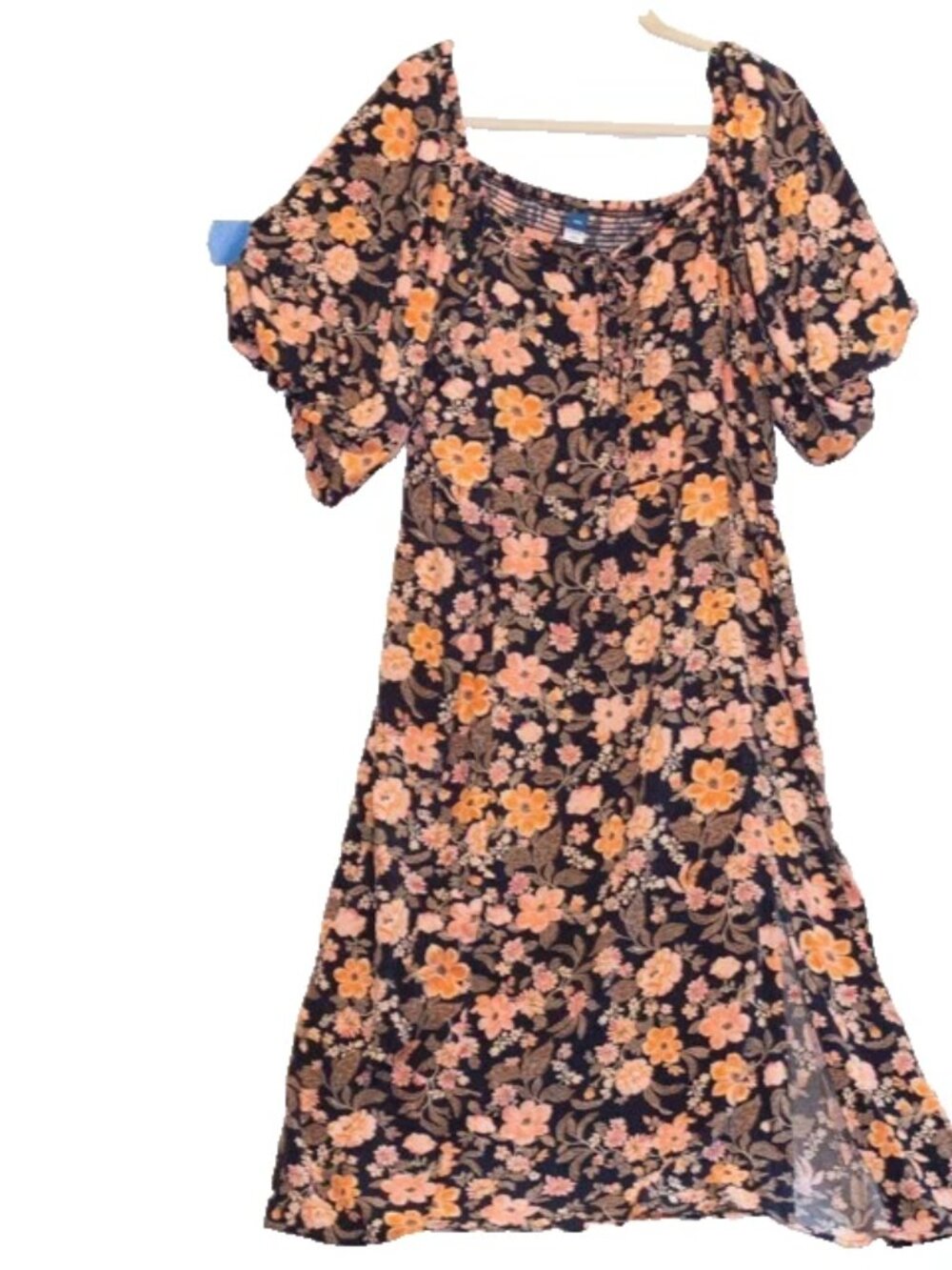 Old Navy Puff Sleeve Floral Black Backdrop Milkmaid Prairie Maxi Dress Size XXL